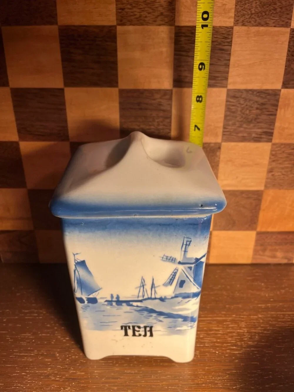 Blue and White Tea Canister Windmill Ship Czechoslovakia A783, small chips crack